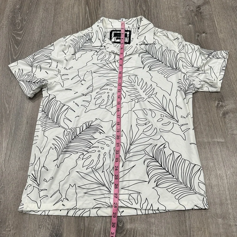 Porter & Ash Kinetic Stretch Mens‎ Large White Black Tropical Leaf Button Down